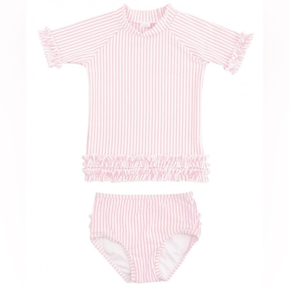 Ruffle Butts Light Pink Seersucker Ruffled Rash Guard Swimsuit Set